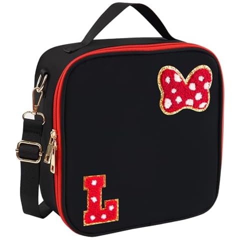 Preppy Initial Bow Mouse Lunch Bag, Kids Insulated Lunch Box Gifts for Teen Girls Daughter, Reusable Soft Lunch Containers Crossbody Cooler Bag Must Haves for Park Travel School Work Picnic Black L Cover