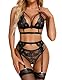 RSLOVE Damen Dessous Set Spitze Teddy Bügel Babydoll Bodysuit mit Strumpfgürteln sexy BH und Höschen Sets Schwarz Small