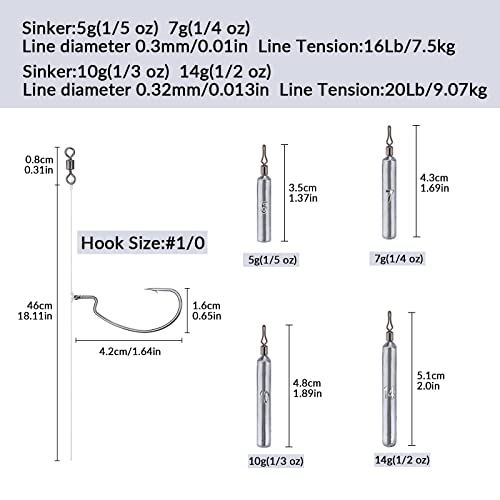Thkfish Drop Shot Ready Rigs For Pike Fishing Rigs Wacky Rig Kit 5Pcs(Offset Hook 1/0#,Sinker 1/2Oz) #TOP5