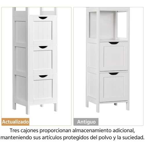 Miniatura 10 de Yaheetech Armario Alta De Baño Mueble Auxiliar De Baño Con 2 Estantes Abiertos Y 3 Cajones 30x30x142 Cm Blanco