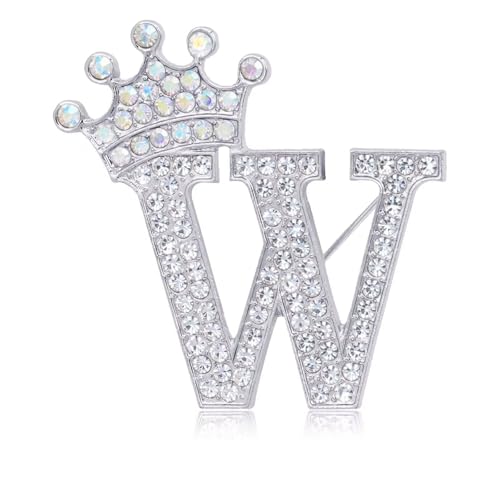Image of Initial Letter Brooch Pins with Crown for Women Girls Men Boys Personalized Name Brooches Crafts Colorful Rhinestone Brooch Pins Silver A-Z