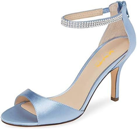 XYD Women's Open Toe Rhinestones Ankle Strap Sandals Thin High Heels Satin Evening Shoes Prom Dressy Pumps Size 8 Light Blue