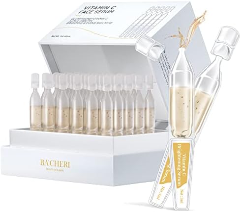 BACHERI Vitamin C Serum for Face with Hyaluronic Acid, Glutathione, Organic Aloe Vera, Hydrating & Brightening Serum, Dark Spot Remover, Anti Aging Facial Serum, 30 Ampoules