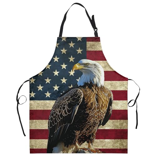 Dacawin American Flag Apron with Pockets USA Eagle with Adjustable Neck 4th of July Patriotic Bib Aprons for Pet Chef Hairdresser Waterproof Independence Bibs for Cooking Grill Baking BBQ Gardening