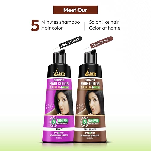 VCare Shampoo Hair Colour Shampoo, Deep Brown 180ml for Women and Men | Only 5 Minute Root Hair Dye | No Parabens, Ammonia And Sulfates