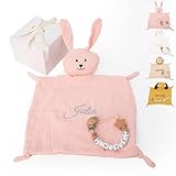 NUBEBI Doudou Bebé Personalizado con Nombre Bordado + Chupetero Madera | Algodón Orgánico 26x26 cm | Apto para Recién Nacidos, Hipoalergénico y Lavable | Regalo Bebé Personalizado Ideal (CONEJITO)