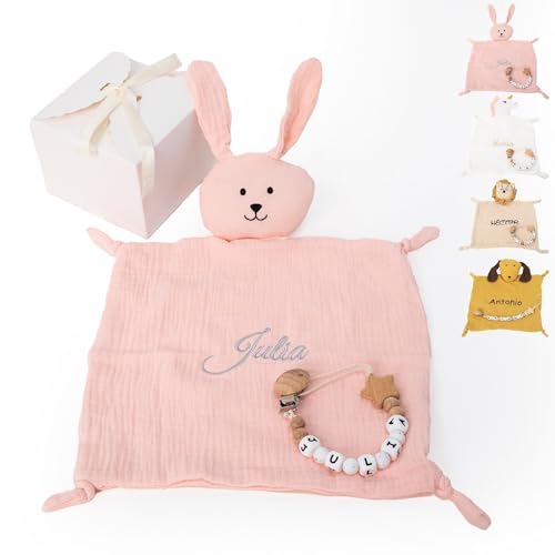 NUBEBI Doudou Bebé Personalizado con Nombre Bordado + Chupetero Madera | Algodón Orgánico 26x26 cm | Apto para Recién Nacidos, Hipoalergénico y Lavable | Regalo Bebé Personalizado Ideal (CONEJITO)