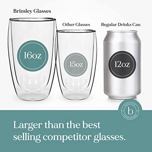 Brimley Clear 16Oz Double Walled Glasses 2 Pack - Insulated Glasses For Hot & Cold Beverages - Insulated Borosilicate Glass Drinking Glasses - Scratch Resistant, Dishwasher, Freezer & Microwave Safe #TOP4