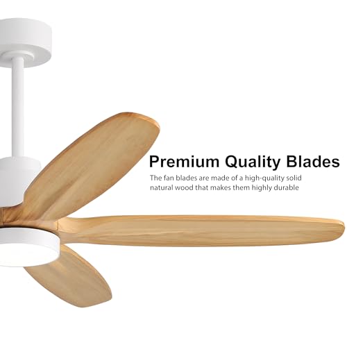 Image of WINGBO 54 inch Ceiling Fan with Light - 5 Carved Solid Wood Blades, 6-Speed Reversible DC Motor, Dimmable, 3CCT, Noiseless Remote Control Ceiling Fans with Lights for Bedroom Living Room, White and Oak