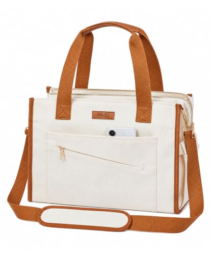 MeZQ Canvas Tote Bag for Women,14-Pockets Work Laptop Tote Large Office Crossbody | Teacher Nurse College with Strap & Zipper