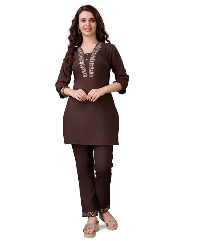 MOJILAA Women Linen Floral Print Causal Co-ord Set | Linen Co-ord Set | Printed Co-ord Sets | Causal Wear | A-line Co-ord | Top and Bottom Wear – Brown