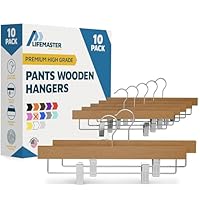 Natural Color Wooden Pants Hangers 10 Pack, Lotus Wood Hanger with Adjustable Non-Slip Clips, Heavy Duty 10 lb Capacity, 360° Swivel Hook, Slim, Space-Saving Design for Slacks, Jeans, Skirts