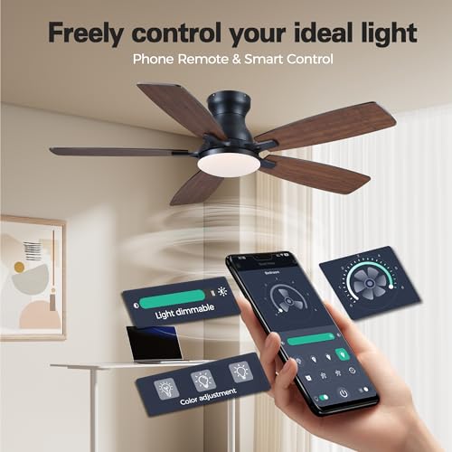 Image of JSAITEE Ceiling Fan with Lights and Remote Control - 46In Flush Mount Ceiling Fan with 3CCT Dimmable, 6 Wind Speeds and Timing, Low Profile Fan for Modern Bedroom, Kitchen, Living Room