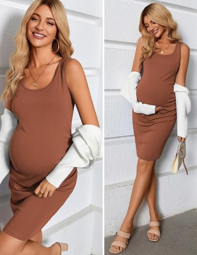 Ekouaer Womens Summer Maternity Dress Side Ruching Sleeveless Bodycon Dress Cute Pregnancy Dress Light Brown thumb #3