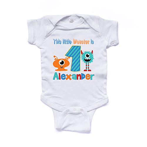 NanyCrafts Baby's This Little Monster Birthday Boy Personalized Baby Bodysuit NB White