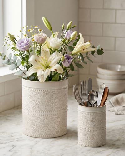 Image of FUN ELEMENTS Kitchen Utensil Holder, 7.2 inch Super Large Utensil Crock Heavy and Stable Lace Emboss Ceramic Utensil Holder for Kitchen Counter (Lace Emboss)