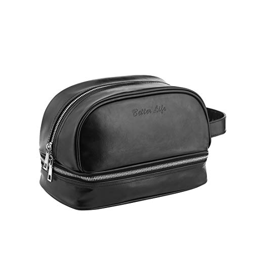 Leather Toiletry Bag - Travel Dopp Kit For Men & Women | Premium, Compact & Durable Travel Organizer With Spacious Compartments & Heavy-Duty Zippers | Extra Travel Bottles Included [Black]
