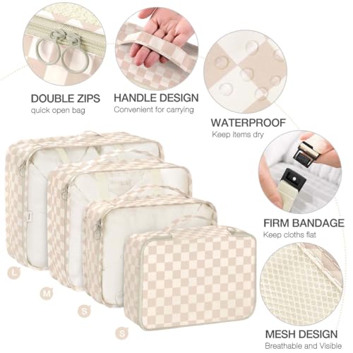 Image of Packing Cubes for Travel, Packing Cubes with Shoe, Cosmetics, Clothing,and Accessories Bags, Travel Cubes for Packing Suitcase Organizer for Women Men, Khaki Grid-A, Large