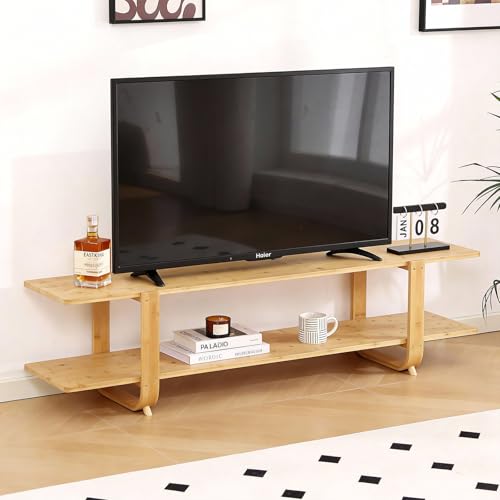 Image of Tiita Wood Bamboo TV Stand for 55-Inch TVs, 2 Open Shelves, Modern Console