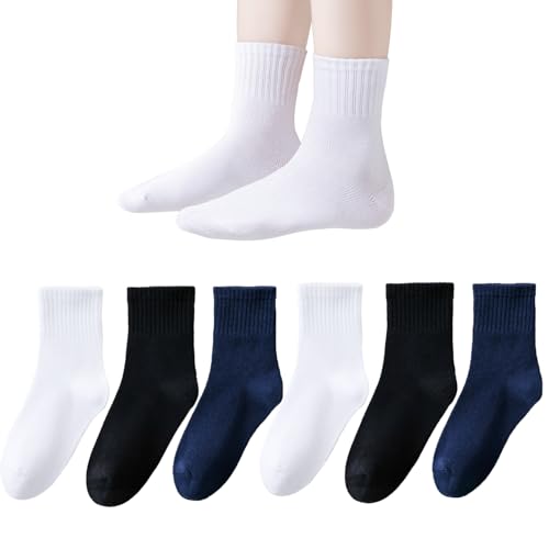 Marchare Calcetines deportivos de algodón sin costuras para niños y niñas, calcetines al tobillo con rayas retro, paquete de 6, Blanco/negro/azul marino_6 unidades, 8-11 años