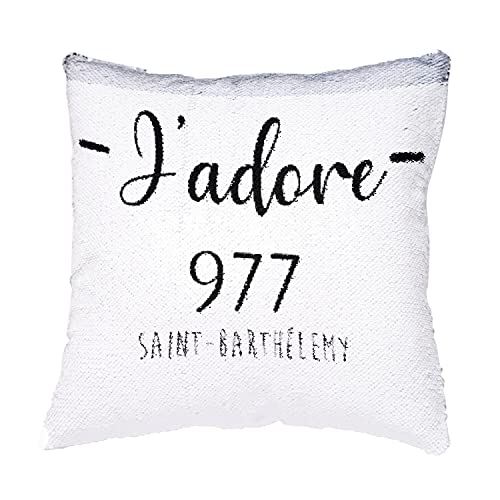 Coussin housse sequin paillettes turquoise J'adore 977 Saint Barthelemy