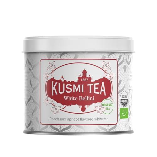 Kusmi Tea - White Bellini - Bio-Mischung aus Weißem Tee, Pfirsich und Aprikose – Aromatisierter Weißtee - Heiß oder als Eistee genießen - Loser Tee - 90 g Metalldose - Menge für etwa 50 Tassen