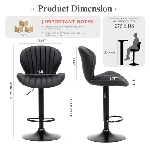 Image of COLAMY Bar Stools Set of 3, Adjustable Modern Swivel Bar Chairs, Faux Leather Upholstered Barstools Counter Height with High Backrest for Bar, Kitchen Island, Dining Room, Black
