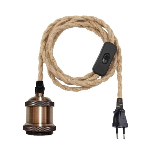 Mengjay Portalámparas E27 Vintage,Cable de cuerda de cáñamo con interruptor,Industrial y decorativo para Iluminación de bricolaje,para Candelabro Colgante,Lámpara de Techo (A)