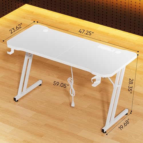 Image of Czlolo 47 Inch Gaming Desk with Power Outlets, L-Shape Leg Computer Desk, Gamer Desk for Small Space, Wtih Cup Holder, Headphone Stand, USB& Tpye-C Ports, Carbon Fiber Surface, White