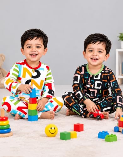 Image of 3BROS Kids Pure Cotton Night Suit Set | Boys Girls Printed Sleepwear Shirt & Pajama Clothing Combo | Soft Breathable Night Dress Outfit | Pack of 2