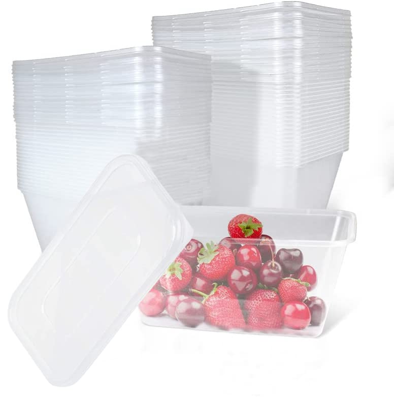 100pcs x Clear Plastic Food Takeaway Containers BPA Free Heavy Duty Plastic Containers with Airtight Lids Reusable Meal Prep Stackable Lunch Boxes Microwave Freezer Safe (1000 ML, Rectangular)