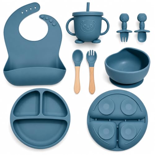 Catvegue Silicone Baby Feeding Utensils Set for 6+ Months, 8 Pcs, Blue
