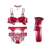 JYEMDV Sexy Lace Half Cup Gather Christmas Bra Set Bra+Panties+Garter+Stockings+Necklace 4 Pcs...