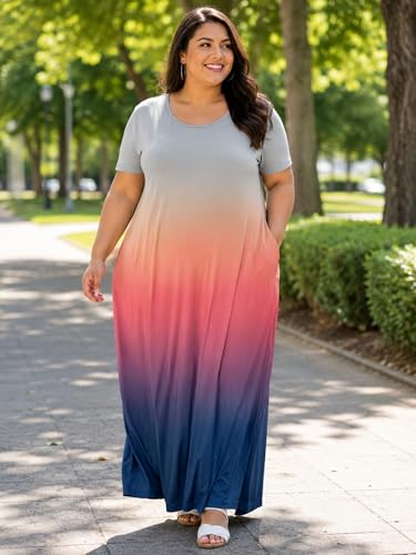 Image of PinkPatty Women's Plus Size Maxi Dresses Short Sleeve Sundress Summer T-Shirt Beach Long Dress with Pockets