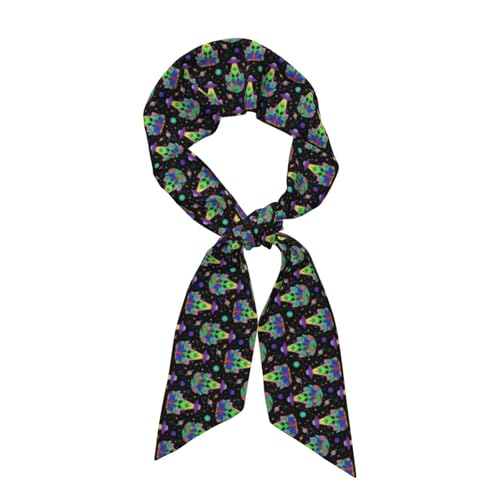UTRSIFB Girls Fashion Satin Head Kerchief Trippy Alien Ufo Art, Skinny Neck Neckerchief Scarf, Multiuses Hair Wrap for Travel Spa Party Daily Casual Look