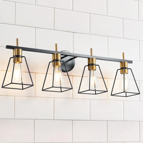 Image of Industrial Bathroom Vanity Lights: 4 Light Black and Gold Vintage Metal Cage Wall Sconce - Rustic Farmhouse Wall Light Fixture Over Mirror Cabinet for Bedroom Living Room