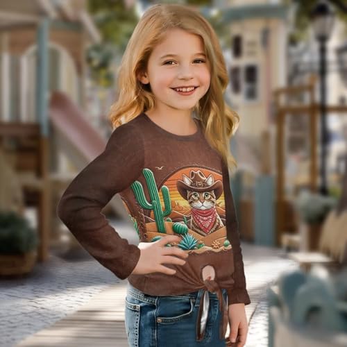 Casual Girls T-Shirt with Front Knot,Loose Crew Neck Girls Long Sleeve Shirt for School3