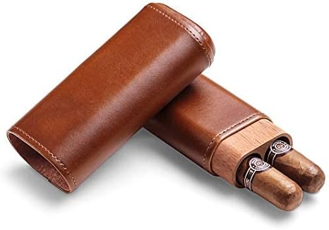 Cigar Case Travel Holder - PU Leather Cedar Wood Lined Brown 2 Ct Sturdy Carry Case - 58 Ring Gauge