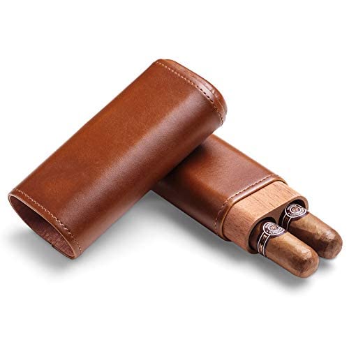 CIGAR IN STYLE Cigar Case Travel Holder - PU Leather Cedar Wood Lined Brown 2 Ct Sturdy Carry Case - 56 Ring Gauge - Thumbnail 4