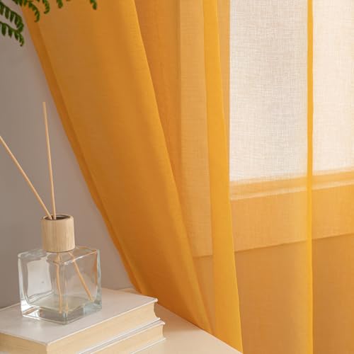 Image of Yellow Sheer Curtains 95 inch Length 2 panels, Rod Pocket Semi Sheer Privacy Curtains, Window Treatments Soft Voile Drapes for Windows Living Room Bedroom French Doors Doorway Divider, 52 inchWx 95 inchL