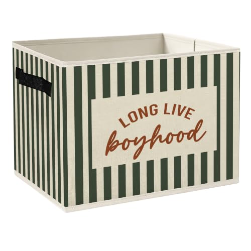 SONMYSULIL Vintage Boy Nursery Storage Bins Box with Handles, Long Live Boyhood Green Striped Foldable Collapsible Basket Organizer for Books Clothes Kids Boys Room Bedroom Playroom Bathroom