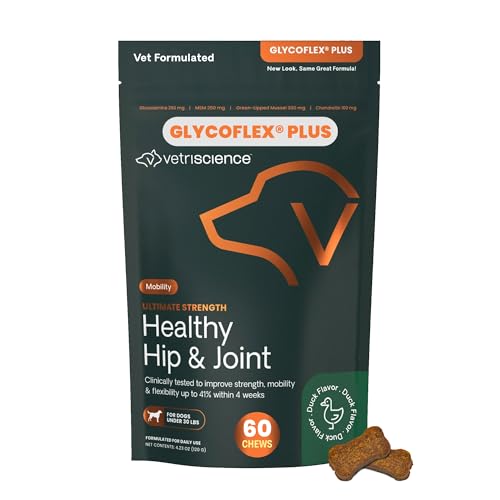VetriScience Ultimate Strength Healthy Hip & Joint Chews, GlycoFlex Glucosamine, Chondroitin and Green-Lipped Mussel Joint Supplement for Small Breed Dogs, Soothe Joint Discomfort, Duck, 60 Count