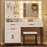 BTHFST Makeup Vanity Desk with Mirror and Lights & Charging Station & Makeup Stool, Vanity Table Set with Glass Top Storage Drawer & Beach & 3 Shelves for Bedroom (Modern White & Black)
