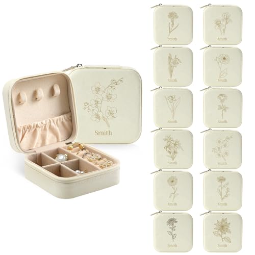 papasgix Personalised Mini Jewellery Box for Women, Customized Jewellery Travel Case with Name and Birth Flower, Portable Ring Holder Organizer Gifts for Girls Mothers Day