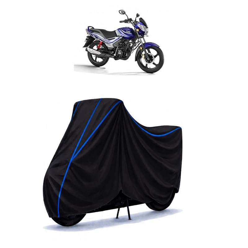 Image of TVS Star City Plus Bike Cover Water Resistant Universal Motorcycle Rain | Heavy Duty UV Protection, Dust, Scratch Indoor Outdoor All Weather with Black Blue Piping Elastic