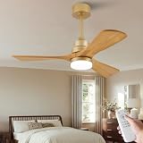 BOJUE 42 Inch Ceiling Fans with Lights and Remote, Dimmable LED Light, Quite Reversible DC Motor,Memory Function,Modern Solid Wood Indoor Outdoor Ceiling Fan with Light for Patio Office (Gold)