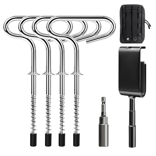 Ice Anchor Tool Kit for Ice Fishing Shelter Includes 1 Drill Adapter 4 Threaded Pegs 1 Storge Bag and 1 Impact Socket Heavy Duty Ice Fishing Tent Stakes Portable Ice Shelter Setup Tools