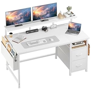 Klyvvo 120x48 Schreibtisch mit 2 Schubladen Bieten Stauraum, Computertisch, Gaming Schreibtisch mit Monitorständer, 2 Ablagehaken,Kabelführungsfa... für Homeoffice-Mitarbeiter und Gamer,Weiß