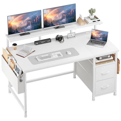 Klyvvo Bureau avec Rangement 2 Tiroirs et Poche latérale, 120 x 48 Bureau avec Support de Moniteur, 2 Crochet pour Casque et Passe-câble Adapté aux Télétravailleurs, Gamers et Designers, Blanc