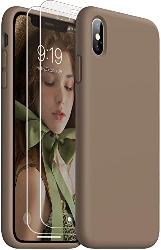 BNWW [3 in 1 iPhone Xs Max Case, Liquid Silicone iPhone Xs Max 6.5 inch Case,Full Body Slim Soft Microfiber Lining Protective,Compatible with iPhone Xs Max,with 2 Screen Protectors(Light Brown)